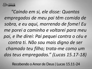 "Caindo em si, ele disse: Quantos
empregados de meu pai têm comida de
sobra, e eu aqui, morrendo de fome! Eu
me porei a caminho e voltarei para meu
pai, e lhe direi: Pai pequei contra o céu e
contra ti. Não sou mais digno de ser
chamado teu filho; trata-me como um
dos teus empregados.” (Lucas 15.17-18)
 