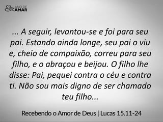 ... A seguir, levantou-se e foi para seu
pai. Estando ainda longe, seu pai o viu
e, cheio de compaixão, correu para seu
filho, e o abraçou e beijou. O filho lhe
disse: Pai, pequei contra o céu e contra
ti. Não sou mais digno de ser chamado
teu filho...
 