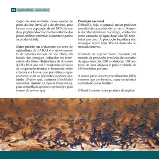 20 Aqüicultura aquiculture


  mação do sexo feminino nessa espécie de         Produção nacional
  peixe, da fase larval até a de alevinos, para   O Brasil é, hoje, o segundo maior produtor
  formar uma população de até 100% de ma-         mundial de camarões de cativeiro. Somen-
  chos, propiciando crescimento uniforme dos      te da Macrobrachium rosenbergii, conhecido
  peixes, melhor conversão alimentar e ganho      como camarão de água doce, são 300 tone-
  na produtividade.                               ladas por ano. A produção brasileira não
                                                  consegue suprir nem 30% da demanda do
  Outro projeto em andamento no setor de          mercado interno.
  aqüicultura da EAFCol é o repovoamen-
  to de espécies nativas do Rio Doce, em          O estado do Espírito Santo responde por
  função dos estoques reduzidos no reser-         metade da produção brasileira de camarão
  vatório da Usina Hidrelétrica de Aimorés        de água doce. São 250 produtores, 150 hec-
  (UHE). Para isso, foi firmado um convênio       tares de área alagada e produtividade de
  de cooperação técnica e financeira entre        150 toneladas por ano.
  a Escola e a Usina, que permitirá o repo-
  voamento com as seguintes espécies: pia-        A maior parte dos empreendimentos (90%)
  banha (Brycon spp), curimba (Prochilodus        é menor que um hectare, o que caracteriza
  vimboides), lambari (Astyanax bimaculatus),     a atividade como familiar.
  piau vermelho (Leporinus copelandii) e piau
  branco (Leporinus spp).                         O Brasil é o sexto maior produtor da espécie.
 
