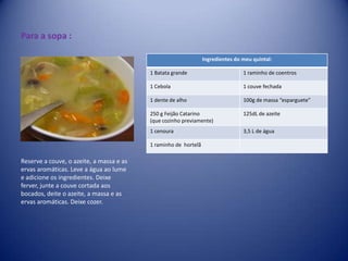 Para a sopa : Reserve a couve, o azeite, a massa e as ervas aromáticas. Leve a água ao lume e adicione os ingredientes. Deixe ferver, junte a couve cortada aos bocados, deite o azeite, a massa e as ervas aromáticas. Deixe cozer.