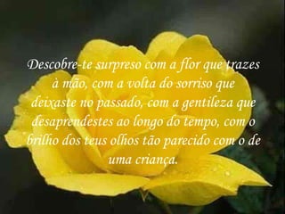 Descobre-te surpreso com a flor que trazes à mão, com a volta do sorriso que deixaste no passado, com a gentileza que desaprendestes ao longo do tempo, com o brilho dos teus olhos tão parecido com o de uma criança. 