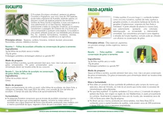 EUCALIPTO
                                                                                                                  FALSO-AÇAFRÃO
                              O Eucalipto (Eucaliptus citriodora), pertence ao gênero
                              Corymbia e Angophora, que inclui mais de 700 espécies,                                                                               O falso-açafrão (Curcuma longa L.), conhecido também
                              quase todas originárias da Austrália, existindo apenas um
                              pequeno número de espécies próprias dos territórios                                                                                  como cúrcuma, turmérico, açafrão-da-índia, açafroa e
                              vizinhos da Nova Guiné e Indonésia, e mais uma espécie (a                                                                            gengibre amarelo, é uma planta herbácea da família do
                              mais setentrional) no sul das Filipinas. Adaptados a                                                                                 gengibre (Zingiberaceae), originária da Ásia (Índia e
                              praticamente a todas as condições climáticas, os eucaliptos                                                                          Indonésia). A parte utilizada da planta é o rizoma (raiz),
                              caracterizam a paisagem da Oceania de uma forma que                                                                                  que externamente          apresenta   uma coloração
                              não é comparável a qualquer outra espécie. O eucalipto é                                                                             esbranquiçada ou acinzentada e internamente
                              uma planta utilizada quase em sua totalidade para diversos                                                                           amarelada. Sua característica principal é como digestivo
                              fins, Ex: indústria farmacêutica, movelaria, celulose,
                              produtos de limpeza, cosméticos e na agricultura.                                                                                    e ativador da função hepática, contudo pode ser utilizado
                                                                                                                                                                   com eficácia na conservação de grãos.
Princípios ativos: Terpenos, canfeno, limoneno, mirtenol, borneol, pinocarveol,
flavonóides, cetonas, aldeídos e taninos.                                                                         Princípios ativos: Óleo essencial, pigmentos,
                                                                                                                  um princípio amargo, ácidos orgânicos, resina e
Receitas 1 - Folhas de eucalipto utilizadas na conservação de grãos e sementes                                    amido.
Ingredientes
5g de folhas de eucalipto secas e moídas                                                                          Receita – Falso-açafrão      utilizado                                  na
1Kg de grãos                                                                                                      conservação de grãos e sementes
Embalagem polietileno (embalagem plástica) ou garrafa PET
                                                                                                                  Ingredientes
Modo de preparo                                                                                                   5g de falso açafrão seco e moído
Seque as folhas a sombra, quando estiverem bem seca, moa. Use o pó para conservar                                 1Kg de grãos
grãos armazenados. Os grãos armazenados para
alimentação devem ser lavados antes de seu consumo.                                                               Embalagem polietileno ou garrafa PET

Receita 2 - Uso de folhas de eucalipto na conservação                                                             Modo de preparo
de grãos (feijão, milho, arroz)                                                                                   Seque as folhas a sombra, quando estiverem bem seca, moa. Use o pó para conservação
Ingredientes                                                                                                      de grãos armazenados. Os grãos armazenados para alimentação devem ser lavados antes
Folhas de eucalipto natural                                                                                       de seu consumo.
Grãos
                                                                                                                  Dica e Curiosidade
Modo de preparo                                                                                                   l Para obter um produto de boa qualidade dê preferência pela compra do rizoma que

Após o armazenamento do milho no paiol, colha folhas de eucaliptos, de cheiro forte, e                              após seco, deve ser triturado, ao invés do pó pronto que muitas vezes no processo de
coloque em camadas. Para cada 20cm de milho, uma camada de 3cm de folha de                                          industrialização sofre alterações.
eucalipto. O tempo de ação das folhas é de aproximadamente 90 dias.                                               l Por que falso-açafrão? O açafrão verdadeiro (Crocus sativus L.) é extraído do estigma
                                                                                                                    (pólem) das flores, tem origem na região do mar Mediterrâneo, é usado principalmente
Curiosidades                                                                                                        na culinária. Atualmente é a especiaria mais cara do mundo, são necessárias cerca de
l As pesquisas florestais comprovam que as árvores de eucalipto consomem a mesma                                    100 mil flores para obter 5kg de estigmas.
  quantidade de água que outras espécies vegetais, inclusive as matas nativas. O                                  l No Brasil usa-se o rizoma, produzido em vários estados, mas Mara Rosa-GO é
  eucalipto usa a água disponível de forma mais eficiente, produzindo mais madeira com                              conhecida como a capital brasileira do açafrão, onde existem cerca de 200 produtores
  a mesma quantidade de água, negando a fama de que o eucalipto "seca o solo".
                                                                                                                    e desses 95% são micro e pequenas propriedades.

18                                      RECEITAS DE PLANTAS COM PROPRIEDADES INSETICIDAS NO CONTROLE DE PRAGAS   RECEITAS DE PLANTAS COM PROPRIEDADES INSETICIDAS NO CONTROLE DE PRAGAS                               19
 