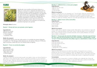 FUMO                                                                                                              Receita 3 – Calda de fumo e cinzas para pulgões
                                                                                                                  Ingredientes
                                                                                                                  100g de fumo de corda
                             Atende pelo nome cientifico de Nicotiana tabacum, e                                  100g de cinzas
                             tabaco é o nome comum. Originário da América do Sul,                                 10 litros de água.
                             das folhas é extraída a substância chamada nicotina, que                             Modo de preparo
                             a princípio era usado para fins terapêuticos, mas pesquisas                          Desfibre o 100g de fumo num recipiente com 1 litro de água, deixe em maceração por
                             tem demonstrado que o significado médico-terapêutico                                 24 horas. Em seguida acrescente as 100g de cinzas vegetal o restante da água. Coe em
                             do tabaco caiu por terra há décadas, cedendo lugar ao                                peneira fina e pulverize as plantas. O tratamento pode ser repetido por várias vezes,
                             combate à dependência química que as substâncias                                     contudo, se usado em hortaliças, deve ser consumido sete dias após da última aplicação.
                             constantes do cigarro causam. Mas, há muitos anos é
                                                                                                                  Receita 4 – Sabão e fumo contra cochonilhas
                             utilizado na agricultura como fungicida e as receitas são
                                                                                                                  Ingredientes
                             passadas de geração para geração.
                                                                                                                  50g de sabão neutro
                                                                                                                  5 litros de água
Princípio ativo: Nicotina.
                                                                                                                  Fumo picado
                                                                                                                  Óleo mineral
Receita 1- Extrato de fumo com pimenta contra lagartas
                                                                                                                  Modo de preparo
Ingredientes                                                                                                      Dilua o sabão neutro raspado na água quente. Deixe esfriar, coe e pulverize ou regar sob
50g de fumo picado                                                                                                pressão. Em casos de ataques muito fortes, utilize a calda de sabão e fumo acrescida de
Pimenta malagueta                                                                                                 óleo mineral. Se forem poucas as plantas atacadas, lave as partes afetadas com bucha,
11 litros de água                                                                                                 água e sabão ou detergente
1 recipiente (1litro)                                                                                             Receita 5 - Conservação de sementes de feijão-macassar, utilizando raspa de fumo
                                                                                                                  em rolo, casca do fruto de laranja-cravo (Citrus reticulata L.) desidratadas e moída
Modo de preparo                                                                                                   “em pó” e frutos de pimenta do reino (Piper nigrum L.) desidratado e moído “em pó”.
Numa garrafa misture o fumo de corda picado e um punhado de pimenta malagueta.
Complete com 1 litro de água e deixe repousar por uma semana. Dilua em 10 litros de                               Ingredientes
água e pulverize o extrato de fumo com pimenta sobre as lagartas.                                                 Casca de laranja-cravo
                                                                                                                  Frutos de pimenta do reino
Receita 2 – Fumo no controle de pulgões                                                                           Fumo de corda
                                                                                                                  1Kg grãos de feijão
Ingredientes                                                                                                      1 garrafa PET ou silos metálicos
20cm fumo de corda                                                                                                Modo de preparo
Álcool líquido ou gel                                                                                             Seque as cascas de laranja ao sol sobre lona plástica. Em seguida moa ou triture a
100g sabão neutro                                                                                                 pimenta do reino em moinho manual ou pilão, em seguida raspe em camadas finas o
10 litros de água                                                                                                 fumo de corda e misture os ingredientes, retire 10g e adicionar em cada 1kg de sementes.
                                                                                                                  Esse procedimento garantirá o grau de umidade, germinação e integridade da semente.
Modo de preparo
Coloque um pouco do fumo de corda picado numa tigela e cubra com álcool (líquido ou                               Curiosidade
gel). Espere o fumo absorver todo o álcool, acrescente novamente um pouco de álcool                               l Você sabia que na agricultura a nicotina é utilizada como inseticida sob a forma de

diluído em água. Deixe por 48 horas em local fresco. Torça o preparado em um pano ralo                              sulfato de nicotina e como vermífugo na pecuária? Alem disso, pode ser transformada
e guarde numa garrafa em local escuro. Acrescente 10 litros de água, coe e pulverize este                           em ácido nicotínico e ser usada como suplemento alimentar.
extrato sobre as folhas.

20                                       RECEITAS DE PLANTAS COM PROPRIEDADES INSETICIDAS NO CONTROLE DE PRAGAS   RECEITAS DE PLANTAS COM PROPRIEDADES INSETICIDAS NO CONTROLE DE PRAGAS            21
 