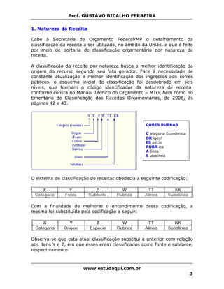Prof. GUSTAVO BICALHO FERREIRA

1. Natureza da Receita

Cabe à Secretaria de Orçamento Federal/MP o detalhamento da
classificação da receita a ser utilizado, no âmbito da União, o que é feito
por meio de portaria de classificação orçamentária por natureza de
receita.

A classificação da receita por natureza busca a melhor identificação da
origem do recurso segundo seu fato gerador. Face à necessidade de
constante atualização e melhor identificação dos ingressos aos cofres
públicos, o esquema inicial de classificação foi desdobrado em seis
níveis, que formam o código identificador da natureza de receita,
conforme consta no Manual Técnico do Orçamento – MTO, bem como no
Ementário de Classificação das Receitas Orçamentárias, de 2006, às
páginas 42 e 43.



                                                     CORES RUBRAS

                                                     C ategoria Econômica
                                                     OR igem
                                                     ES pécie
                                                     RUBR ica
                                                     A línea
                                                     S ubalínea




O sistema de classificação de receitas obedecia a seguinte codificação:




Com a finalidade de melhorar o entendimento dessa codificação, a
mesma foi substituída pela codificação a seguir:




Observa-se que esta atual classificação substitui a anterior com relação
aos itens Y e Z, em que esses eram classificados como fonte e subfonte,
respectivamente.



                        www.estudaqui.com.br
                                                                            3
 