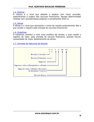 Prof. GUSTAVO BICALHO FERREIRA

1.4. Rubrica
A rubrica é o nível que detalha a espécie com maior precisão,
especificando a origem dos recursos financeiros. Agrega determinadas
receitas com características próprias e semelhantes entre si.

1.5. Alínea
A alínea é o nível que apresenta o nome da receita propriamente dita e
que recebe o registro pela entrada de recursos financeiros.

1.6. Subalínea
A subalínea constitui o nível mais analítico da receita, o qual recebe o
registro de valor, pela entrada do recurso financeiro, quando houver
necessidade de maior detalhamento da alínea.

1.7. Exemplo de Natureza da Receita




                       www.estudaqui.com.br
                                                                      6
 