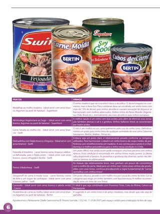 Foto: Divulgação




                 PRATOS                                                        VINHOS
                                                                           O vinho madeira que vai à receita é doce e alcoólico. O álcool evapora no cozi-
                                                                           mento, mas o doce fica. Para combinar deve ser escolhido um vinho tinto com
                 Medalhão ao molho madeira - (ideal servir com arroz bran-
                                                                           mais de 13% de álcool, pois vinhos alcoólicos causam sensação de doçura e se
                 co, legumes ou purê de batatas) - Superbom
                                                                           harmonizam com molhos adocicados. Vinhos tintos do Novo Mundo (Argenti-
                                                                           na, Chile, Brasil etc.), normalmente são mais alcoólicos que vinhos europeus.
                                                                         A melhor opção é um vinho com boa acidez, pois além de eliminar essa sensa-
                 Almôndega Vegetariana ao Sugo – (ideal servir com arroz
                                                                         ção também atenua o sal e a gordura. Vinhos italianos tintos se caracterizam
                 branco, legumes ou purê de batatas) - Superbom
                                                                         por maior acidez.
                                                                             O rôti é um molho escuro, principalmente pelo uso do vinho tinto. Definitiva-
                 Carne fatiada ao molho rôti - (ideal servir com arroz bran-
                                                                             mente um prato para vinho tinto de qualquer variedade de uva como Cabernet
                 co) - Swift
                                                                             Sauvignon, Merlot, Malbec, Shiraz etc.
                                                                             Embora seja um prato claro, é relativamente pesado conforme os temperos
                 Dobradinha com feijão branco e linguiça - (ideal servir com utilizados. Para harmonizar, o ideal é um vinho branco de corpo médio, de pre-
                 arroz branco) - Swift                                       ferência com envelhecimento em madeira. A uva correta para o prato é a Char-
                                                                             donnay e a melhor procedência para o vinho nessa condição é o Chile.
                                                                               Um prato difícil, mas ainda assim pode conseguir uma boa parceria com vinhos
                 Feijoada à brasileira - carne bovina suína, linguiça calabre-
                                                                               tânicos. Essa condição é encontrada em vinhos tintos muito jovens (a última
                 sa defumada, paio e feijão preto – (ideal servir com arroz
                                                                               safra disponível) e baratos. As proteínas e gorduras das diversas carnes não dei-
                 branco, couve refogada e farofa) - Swift
                                                                               xam os taninos se sobressaírem.
                                                                               As massas são relativamente leves, mas ganham um pouco de consistência
                                                                               com o molho de carne, ideal para um vinho rosé. Como esses vinhos são produ-
                 Penne à Bolonhesa - Swift
                                                                               zidos com uvas tintas, continua prevalecendo a regra fundamental de “carnes
                                                                               vermelhas com vinhos tintos”.
                 Strogonoff de carne à moda russa - carne bovina, creme Um prato clássico, pesado e com molho rico por causa do creme de leite. Cai na
                 de leite e um toque de conhaque - (ideal servir com arroz categoria que exige um vinho também com boa estrutura. A melhor recomen-
                 e batata palha) - Swift                                   dação seria um tinto de uva Shiraz.
                 Cassoulet - (ideal servir com arroz branco e salada verde) O ideal é que seja combinado com Provence Tinto, Cote du Rhône, Cahors ou
                 - Casino                                                   Vacqueyras.
                 Picadinhos de carne ao molho (ideal servir com arroz bran- A sugestão é um vinho tinto e de preço modesto, mas desde que não seja de
                 co, legumes ou purê de batatas) - Bertin                   garrafão.

                Agradecemos o Restaurante Cibelle Gastronomia (R. Peixoto Gomide, 1.532, tel.: 11-2538-3597) pelo espaço cedido para a realização da foto de capa.


6
 