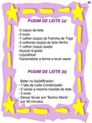 62 PUDIM DE LEITE (a) -2 copos de leite 3 ovos 1 colher (sopa) de Farinha de Trigo 2 colheres (sopa) de leite Ninho 1 colher (sopa) queijo Açúcar à gosto Liquidificar Caramelizar a forma e levar assar PUDIM DE LEITE (b) Bater no liqüidificador: 1 lata de Leite Condensado 2 vezes a mesma medida de leite  3 ovos Deixar ferver em “Banho Maria”  por 40 minutos. 