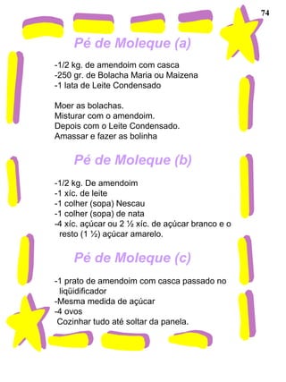 74 Pé de Moleque (a)   -1/2 kg. de amendoim com casca -250 gr. de Bolacha Maria ou Maizena -1 lata de Leite Condensado Moer as bolachas.  Misturar com o amendoim. Depois com o Leite Condensado. Amassar e fazer as bolinha Pé de Moleque (b) -1/2 kg. De amendoim -1 xíc. de leite -1 colher (sopa) Nescau -1 colher (sopa) de nata -4 xíc. açúcar ou 2 ½ xíc. de açúcar branco e o  resto (1 ½) açúcar amarelo. Pé de Moleque (c) -1 prato de amendoim com casca passado no  liqüidificador -Mesma medida de açúcar -4 ovos Cozinhar tudo até soltar da panela.  