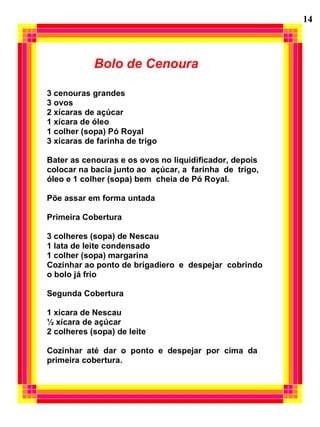 14



            Bolo de Cenoura

3 cenouras grandes
3 ovos
2 xícaras de açúcar
1 xícara de óleo
1 colher (sopa) Pó Royal
3 xícaras de farinha de trigo

Bater as cenouras e os ovos no liquidificador, depois
colocar na bacia junto ao açúcar, a farinha de trigo,
óleo e 1 colher (sopa) bem cheia de Pó Royal.

Põe assar em forma untada

Primeira Cobertura

3 colheres (sopa) de Nescau
1 lata de leite condensado
1 colher (sopa) margarina
Cozinhar ao ponto de brigadiero e despejar cobrindo
o bolo já frio

Segunda Cobertura

1 xícara de Nescau
½ xícara de açúcar
2 colheres (sopa) de leite

Cozinhar até dar o ponto e despejar por cima da
primeira cobertura.
 