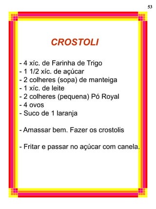 53




          CROSTOLI

- 4 xíc. de Farinha de Trigo
- 1 1/2 xíc. de açúcar
- 2 colheres (sopa) de manteiga
- 1 xíc. de leite
- 2 colheres (pequena) Pó Royal
- 4 ovos
- Suco de 1 laranja

- Amassar bem. Fazer os crostolis

- Fritar e passar no açúcar com canela.
 
