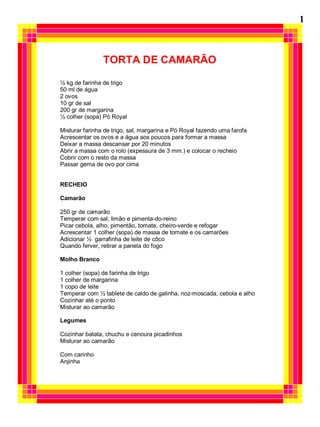 1



                TORTA DE CAMARÃO

½ kg de farinha de trigo
50 ml de água
2 ovos
10 gr de sal
200 gr de margarina
½ colher (sopa) Pó Royal

Misturar farinha de trigo, sal, margarina e Pó Royal fazendo uma farofa
Acrescentar os ovos e a água aos poucos para formar a massa
Deixar a massa descansar por 20 minutos
Abrir a massa com o rolo (expessura de 3 mm.) e colocar o recheio
Cobrir com o resto da massa
Passar gema de ovo por cima


RECHEIO

Camarão

250 gr de camarão
Temperar com sal, limão e pimenta-do-reino
Picar cebola, alho, pimentão, tomate, cheiro-verde e refogar
Acrescentar 1 colher (sopa) de massa de tomate e os camarões
Adicionar ½ garrafinha de leite de côco
Quando ferver, retirar a panela do fogo

Molho Branco

1 colher (sopa) de farinha de trigo
1 colher de margarina
1 copo de leite
Temperar com ½ tablete de caldo de galinha, noz-moscada, cebola e alho
Cozinhar até o ponto
Misturar ao camarão

Legumes

Cozinhar batata, chuchu e cenoura picadinhos
Misturar ao camarão

Com carinho
Anjinha
 
