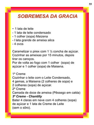 55



    SOBREMESA DA GRACIA

- 1 lata de leite
- 1 lata de leite condensado
- 1 colher (sopa) Maizena
- l lata grande de ameixa sêca
- 4 ovos

Caramelizar o pirex com 1 ½ concha de açúcar.
Cozinhar as ameixas por 15 minutos, depois
tirar os caroços.
Por de volta ao fogo com 1 colher (sopa) de
açúcar e 1 colher (sopa) de Maisena.

1º Creme
Cozinhar o leite com o Leite Condensado,
4 gemas, a Maisena (2 colheres de sopa) e
2 colheres (sopa) de açúcar.
2º Creme
Camada de doce de ameixa (Pêssego em calda)
3º Creme - Chantilly
Bater 4 claras em neve com 4 colheres (sopa)
de açúcar e 1 lata de Creme de Leite
(sem o sôro).
 