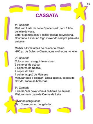73



                 CASSATA
1ª. Camada
Misturar 1 lata de Leite Condensado com 1 lata
de leite de vaca.
Bater 6 gemas com 1 colher (sopa) de Maisena.
Coar tudo. Levar ao fogo mexendo sempre para não
embolar.

Molhar o Pirex antes de colocar o creme.
-200 gr. de Bolacha Champagne molhadas no leite.

2ª. Camada
Colocar com a seguinte mistura:
6 colheres de açúcar
3 colheres de Nescau
2 copos de leite
1 colher (sopa) de Maisena
Misturar tudo e colocar , ainda quente, depois de
Cozido, sobre as bolachas.

3ª. Camada
6 claras “em neve” com 4 colheres de açúcar.
Misturar num copo de Creme de Leite

Levar ao congelador.
Os.: Conservar no congelador.
 