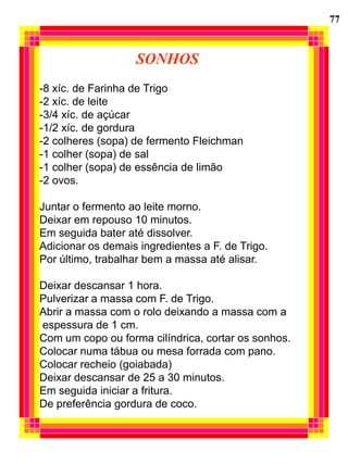 77



                   SONHOS
-8 xíc. de Farinha de Trigo
-2 xíc. de leite
-3/4 xíc. de açúcar
-1/2 xíc. de gordura
-2 colheres (sopa) de fermento Fleichman
-1 colher (sopa) de sal
-1 colher (sopa) de essência de limão
-2 ovos.

Juntar o fermento ao leite morno.
Deixar em repouso 10 minutos.
Em seguida bater até dissolver.
Adicionar os demais ingredientes a F. de Trigo.
Por último, trabalhar bem a massa até alisar.

Deixar descansar 1 hora.
Pulverizar a massa com F. de Trigo.
Abrir a massa com o rolo deixando a massa com a
espessura de 1 cm.
Com um copo ou forma cilíndrica, cortar os sonhos.
Colocar numa tábua ou mesa forrada com pano.
Colocar recheio (goiabada)
Deixar descansar de 25 a 30 minutos.
Em seguida iniciar a fritura.
De preferência gordura de coco.
 