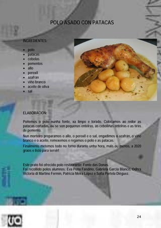 POLO ASADO CON PATACAS


INGREDIENTES:

•   polo
•   patacas
•   cebolas
•   pementos
•   allo
•   perexil
•   azafrán
•   viño branco
•   aceite de oliva
•   sal




ELABORACIÓN:

Poñemos o polo nunha fonte, xa limpo e torado. Colocamos ao redor as
patacas cortadas, ou se son pequenas enteiras, as ceboliñas enteiras e as tiras
de pemento.
Nun morteiro preparamos o allo, o perexil e o sal, engadimos o azafrán, o viño
branco e o aceite, remexemos e regamos o polo e as patacas.
Finalmente metemos todo no forno durante unha hora, máis ou menos, a 2020
graos e listo para servir!


Este prato foi ofrecido polo restaurante: Fonte das Donas.
Foi recollido polos alumnos: Eva Pena Fandiño, Gabriela García Blanco, Odhra
Victoria di Martino Fermín, Patricia Meira López e Sofía Portela Diéguez.




                                                                            24
 