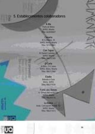 5. Establecementos colaboradores
                        A Illa
                    Porto de Meira
                    36950, Moaña
                   Tlfno: 663040607

                       Canario
                    R/ A Ribeira, 35
                 36955, Meira, Moaña
                   Tlfno: 927418861

                     Con Tapas
                 R/ Daniel Castelao, 28
                     36950, Moaña
                   Tlfno: 986312305

                       D’Carla
                  A Guía, 214, baixo
                 36955, Meira, Moaña
                   Tlfno: 986312960

                        Eladio
                    Baixada á Guía
                      Meira, 36955
                   Tlfno: 986315036

                  Fonte das Donas
                R/ Donato Bernárdez s/n
                     36950, Moaña
                   Tlfno: 986393176

                      La Batea
              Avda. Concepción Arenal 222
                     36950, Moaña
                    Tlfno: 986311073




                                            36
 