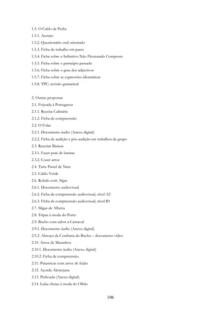 106
1.5. O Caldo de Pedra
1.5.1. Acetato
1.5.2. Questionário oral orientado
1.5.3. Ficha de trabalho em pares
1.5.4. Ficha sobre o Infinitivo Não Flexionado Composto
1.5.5. Ficha sobre o particípio passado
1.5.6. Ficha sobre o grau dos adjectivos
1.5.7. Ficha sobre as expressões idiomáticas
1.5.8. TPC: revisão gramatical
2. Outras propostas
2.1. Feijoada à Portuguesa
2.1.1. Receita Culinária
2.1.2. Ficha de compreensão
2.2. O Folar
2.2.1. Documento áudio (Anexo digital)
2.2.2. Ficha de audição e pós-audição em trabalhos de grupo
2.3. Receitas Básicas
2.3.1. Fazer puré de batatas
2.3.2. Cozer arroz
2.4. Tarte Pastel de Nata
2.5. Caldo-Verde
2.6. Robalo com Algas
2.6.1. Documento audiovisual
2.6.2. Ficha de compreensão audiovisual, nível A2
2.6.3. Ficha de compreensão audiovisual, nível B1
2.7. Migas de Alheira
2.8. Tripas à moda do Porto
2.9. Bucho com sabor a Carnaval
2.9.1. Documento áudio (Anexo digital)
2.9.2. Almoço da Confraria do Bucho – documento vídeo
2.10. Arroz de Maranhos
2.10.1. Documento áudio (Anexo digital)
2.10.2. Ficha de compreensão.
2.11. Pataniscas com arroz de feijão
2.12. Açorda Alentejana
2.13. Pinhoada (Anexo digital)
2.14. Lulas cheias à moda do Olhão
 