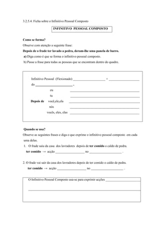 3.2.5.4. Ficha sobre o Infinitivo Pessoal Composto
Como se forma?
Observe com atenção a seguinte frase:
Depois de o frade ter lavado a pedra, deram-lhe uma panela de barro.
a) Diga como é que se forma o infinitivo pessoal composto.
b) Passe a frase para todas as pessoas que se encontram dentro do quadro.
Infinitivo Pessoal (Flexionado) ____________________ + ___________________
do _______________________ .
eu ___________________________________________
tu ___________________________________________
Depois de você,ele,ela ____________________________________________
nós ___________________________________________
vocês, eles, elas ___________________________________________
Quando se usa?
Observe as seguintes frases e diga o que exprime o infinitivo pessoal composto em cada
uma delas.
1. O frade saiu da casa dos lavradores depois de ter comido o caldo de pedra.
ter comido → acçāo __________________ no ____________________ .
2. O frade vai sair da casa dos lavradores depois de ter comido o caldo de pedra.
ter comido → acçāo __________________ no ____________________ .
O Infinitivo Pessoal Composto usa-se para exprimir acções ______________________
______________________________________________________________________
INFINITIVO PESSOAL COMPOSTO
 