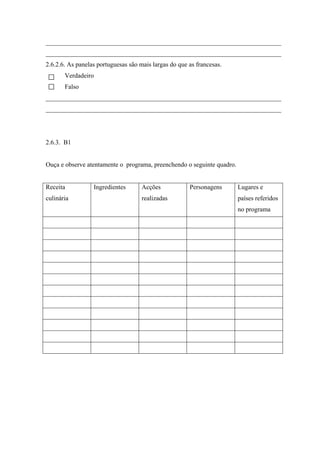 _________________________________________________________________________
_________________________________________________________________________
2.6.2.6. As panelas portuguesas são mais largas do que as francesas.
Verdadeiro
Falso
_________________________________________________________________________
_________________________________________________________________________
2.6.3. B1
Ouça e observe atentamente o programa, preenchendo o seguinte quadro.
Receita
culinária
Ingredientes Acções
realizadas
Personagens Lugares e
países referidos
no programa
 