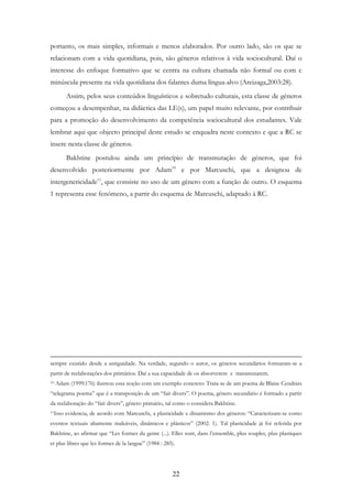 22
portanto, os mais simples, informais e menos elaborados. Por outro lado, são os que se
relacionam com a vida quotidiana, pois, são géneros relativos à vida sociocultural. Daí o
interesse do enfoque formativo que se centra na cultura chamada não formal ou com c
minúscula presente na vida quotidiana dos falantes duma língua-alvo (Areizaga,2003:28).
Assim, pelos seus conteúdos linguísticos e sobretudo culturais, esta classe de géneros
começou a desempenhar, na didáctica das LE(s), um papel muito relevante, por contribuir
para a promoção do desenvolvimento da competência sociocultural dos estudantes. Vale
lembrar aqui que objecto principal deste estudo se enquadra neste contexto e que a RC se
insere nesta classe de géneros.
Bakhtine postulou ainda um princípio de transmutação de géneros, que foi
desenvolvido posteriormente por Adam10
e por Marcuschi, que a designou de
intergenericidade11
, que consiste no uso de um género com a função de outro. O esquema
1 representa esse fenómeno, a partir do esquema de Marcuschi, adaptado à RC.
sempre existido desde a antiguidade. Na verdade, segundo o autor, os géneros secundários formaram-se a
partir de reelaborações dos primários. Daí a sua capacidade de os absorverem e transmutarem.
10 Adam (1999:176) ilustrou essa noção com um exemplo concreto: Trata-se de um poema de Blaise Cendrars
“telegrama poema” que é a transposição de um “fait divers”. O poema, género secundário é formado a partir
da reelaboração do “fait divers”, género primário, tal como o considera Bakhtine.
11Isso evidencia, de acordo com Marcuschi, a plasticidade e dinamismo dos géneros: “Caracterizam-se como
eventos textuais altamente maleáveis, dinâmicos e plásticos” (2002: 1). Tal plasticidade já foi referida por
Bakhtine, ao afirmar que “Les formes du genre (...). Elles sont, dans l’ensemble, plus souples, plus plastiques
et plus libres que les formes de la langue” (1984 : 285).
 