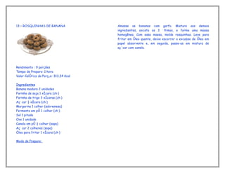 13 – ROSQUINHAS DE BANANA               Amasse as bananas com garfo. Misture aos demais
                                        ingredientes, exceto os 3 últimos, e forme uma massa
                                        homogênea. Com essa massa, molde rosquinhas. Leve para
                                        fritar em óleo quente, deixe escorrer o excesso de óleo em
                                        papel absorvente e, em seguida, passe-as em mistura de
                                        açúcar com canela.




Rendimento : 9 porções
Tempo de Preparo: 1 hora
Valor Calórico da Porção: 313,34 Kcal

Ingredientes
Banana madura 2 unidades
Farinha de soja 1 xícara (chá)
Farinha de trigo 3 xícaras (chá)
Açúcar ½ xícara (chá)
Margarina 1 colher (sobremesa)
Fermento em pó 1 colher (chá)
Sal 1 pitada
Ovo 1 unidade
Canela em pó ½ colher (sopa)
Açúcar 2 colheres (sopa)
Óleo para fritar 1 xícara (chá)

Modo de Preparo:
 