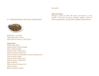 sal a gosto



                                                          Modo de Preparo:
                                                          Refogue a cebola no óleo até dourar. Acrescente a carne
                                                          picada e frite mais um pouco, mexendo sempre. Junte os
14 – CARNE ENSOPADA COM CASCA DE MELANCIA                 outros ingredientes e cozinhe até os legumes ficarem macios.




Rendimento : 6 porções
Tempo de Preparo: 1 hora
Valor Calórico da Porção: 169,79 Kcal

Ingredientes
Acém picado 350 g
Cebola picada 2 colheres (sopa)
Óleo 2 colheres (sopa)
Tomate picado 1 xícara (chá)
Pimentão picado 1 xícara (chá)
Casca de melancia picada (parte branca) 6 xícaras (chá)
Talos diversos picados
Cenoura picada 1 xícara (chá)
Caldo de carne 1 xícara (chá)
Água 2 tabletes
Folha de louro 6 xícaras (chá)
Colorau a gosto
Molho de pimenta a gosto
 