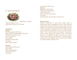 Talos picados 1 xícara (chá)
                                                        MOLHO:
                                                        Margarina 1 colher (sopa)
20 – CREPE DE BETERRABA                                 Cebola picada ½ xícara (chá)
                                                        Leite ½ xícara (chá)
                                                        Farinha de trigo ½ xícara (chá)
                                                        Sal a gosto
                                                        Água (cozimento da beterraba) 1 ½ xícara (chá)



                               Rendimento : 4 porções   Modo de Preparo:
Tempo de Preparo: 30 min                                Cozinhe a beterraba na água. Deixe esfriar. Bata no
Valor Calórico da Porção: 477,61 Kcal                   liquidificador todos os ingredientes, exceto o óleo. Unte uma
                                                        frigideira com um pouco de óleo para cada crepe. Frite-os e
                                                        reserve. Para o recheio, doure em uma panela a cebola e o alho
Ingredientes                                            no óleo, acrescente a carne moída e o sal e refogue. Junte os
MASSA:                                                  talos picados (agrião, espinafre, couve, etc.) e deixe cozinhar.
Beterraba picada ½ xícara (chá)                         Reserve. Para o molho, coloque em uma panela a margarina e
Água (cozimento da beterraba) 1 xícara (chá)            doure a cebola, acrescente a farinha de trigo e o sal, mexa
Farinha de trigo 1 xícara (chá)                         bem para não empelotar, até dourar. À parte, ferva o leite.
Leite ½ xícara (chá)                                    Junte a água do cozimento da beterraba e o leite aos poucos,
Ovo 1 unidade                                           mexendo bem. Caso empelote, bata no liquidificador. Recheie
Margarina 1 colher (sopa)                               os crepes e coloque o molho por cima.
Sal a gosto
Óleo 3 colheres (sopa)

RECHEIO:
Cebola picada ½ xícara (chá)
Alho 1 dente
Óleo 2 colheres (sopa)
Carne moída 240 g
Sal a gosto
 
