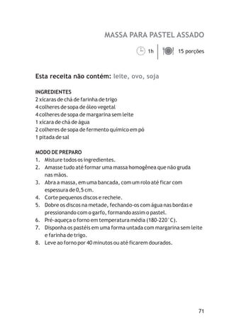 MASSA PARA PASTEL ASSADO
leite, ovo, soja
1h 15 porções
Esta receita não contém:
INGREDIENTES
2 xícaras de chá de farinha de trigo
4 colheres de sopa de óleo vegetal
4 colheres de sopa de margarina sem leite
1 xícara de chá de água
2 colheres de sopa de fermento químico em pó
1 pitada de sal
MODO DE PREPARO
1. Misture todos os ingredientes.
2. Amasse tudo até formar uma massa homogênea que não gruda
nas mãos.
3. Abra a massa, em uma bancada, com um rolo até ficar com
espessura de 0,5 cm.
4. Corte pequenos discos e recheie.
5. Dobre os discos na metade, fechando-os com água nas bordas e
pressionando com o garfo, formando assim o pastel.
6. Pré-aqueça o forno em temperatura média (180-220°C).
7. Disponha os pastéis em uma forma untada com margarina sem leite
e farinha de trigo.
8. Leve ao forno por 40 minutos ou até ficarem dourados.
¹ä
71
 
