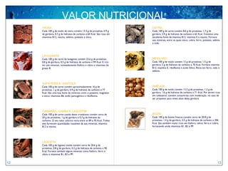 VIEIRA Cada 100 g de miolo de vieira contém 13.3 g de proteínas, 0.9 g de gordura, 0.7 g de hidratos de carbono e 64 Kcal. São ricas em vitaminas B12, niacina, selénio, potássio e zinco. LAVAGANTE Cada 100 g de carne de lavagante contém 22.6 g de proteínas, 0.8 g de gordura, 0.5 g de hidratos de carbono e 99 Kcal. É rico em sais minerais, nomeadamente fósforo e cálcio e vitaminas do grupo B. SAPATEIRA E  SANTOLA Cada 100 g de carne contém aproximadamente 16 g de proteínas, 1 g de gordura, 0.9 g de hidratos de carbono e 77 Kcal. São uma boa fonte de minerais como o potássio, magnésio e zinco, vitaminas B6, ácido pantogénico e riboflavina. CAMARÃO, GAMBA E LAGOSTIM Cada 100 g de carne cozida deste crustáceos contém cerca de 20 g de proteínas, 1 g de gordura e 0.3 g de hidratos de carbono. O seu valor calórico varia entre as 89 e 95 Kcal. Todos eles fornecem quantidades razoáveis de sais minerais, vitamina B12 e niacina. LAGOSTA Cada 100 g de lagosta cozida contém cerca de 20.6 g de proteínas, 0.8 g de gordura, 0.2 g de hidratos de carbono e 90 Kcal. Fornece também alguns minerais como fósforo, ferro e cálcio e vitaminas B1, B2 e PP. VALOR NUTRICIONAL 12 13 OSTRA   Cada 100 g de carne contém 8.6 g de proteínas, 1.7 g de gordura, 3.9 g de hidratos de carbono e 65 Kcal. Constitui uma excelente fonte de vitamina B12, vitamina E e niacina. Fornece sais minerais, entre os quais zinco, cobre, ferro, potássio, selénio e iodo. MEXILHÃO Cada 100 g de miolo contém 12 g de proteínas, 1.5 g de gordura, 2 g de hidratos de carbono e 70 Kcal. Fornece vitamina B12, vitamina E, riboflavina e ácido fólico. Ricos em ferro, iodo e selénio. AMÊIJOA Cada 100 g de miolo contém 13.2 g de proteínas, 1.3 g de gordura, 1.6 g de hidratos de carbono e 71 Kcal. Por serem ricas em colesterol, convém consumí-las com moderação, no caso de ser propenso para níveis altos desta gordura. BÚZIO Cada 100 g de búzios frescos contém cerca de 20.8 g de proteínas, 1.4 g de gordura, 2.5 g de hidratos de carbono e 206 Kcal. São também muito ricos em fósforo, cálcio, ferro e cobre, fornecendo ainda vitaminas B1, B2 e PP. 