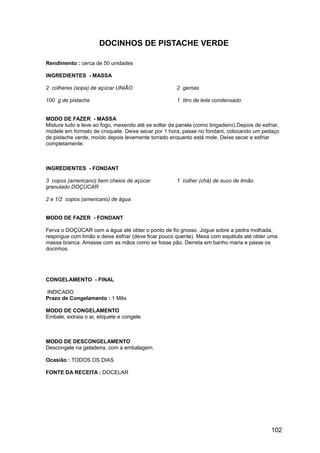 DOCINHOS DE PISTACHE VERDE

Rendimento : cerca de 50 unidades

INGREDIENTES - MASSA

2 colheres (sopa) de açúcar UNIÃO                     2 gemas

100 g de pistache                                     1 litro de leite condensado


MODO DE FAZER - MASSA
Misture tudo e leve ao fogo, mexendo até se soltar da panela (como brigadeiro).Depois de esfriar,
modele em formato de croquete. Deixe secar por 1 hora, passe no fondant, colocando um pedaço
de pistache verde, moído depois levemente torrado enquanto está mole. Deixe secar e esfriar
completamente.



INGREDIENTES - FONDANT

3 copos (americano) bem cheios de açúcar              1 colher (chá) de suco de limão
granulado DOÇÚCAR

2 e 1/2 copos (americano) de água


MODO DE FAZER - FONDANT

Ferva o DOÇÚCAR com a água até obter o ponto de fio grosso. Jogue sobre a pedra molhada,
respingue com limão e deixe esfriar (deve ficar pouco quente). Mexa com espátula até obter uma
massa branca. Amasse com as mãos como se fosse pão. Derreta em banho maria e passe os
docinhos.




CONGELAMENTO - FINAL

INDICADO
Prazo de Congelamento : 1 Mês

MODO DE CONGELAMENTO
Embale, extraia o ar, etiquete e congele.



MODO DE DESCONGELAMENTO
Descongele na geladeira, com a embalagem.

Ocasião : TODOS OS DIAS

FONTE DA RECEITA : DOCELAR




                                                                                             102
 