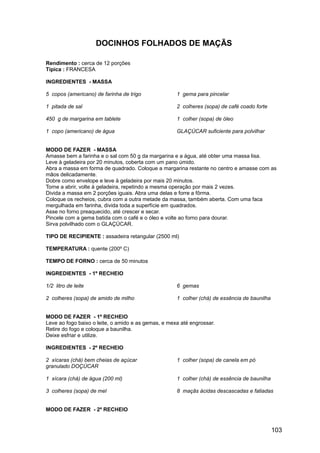 DOCINHOS FOLHADOS DE MAÇÃS

Rendimento : cerca de 12 porções
Típica : FRANCESA

INGREDIENTES - MASSA

5 copos (americano) de farinha de trigo              1 gema para pincelar

1 pitada de sal                                      2 colheres (sopa) de café coado forte

450 g de margarina em tablete                        1 colher (sopa) de óleo

1 copo (americano) de água                           GLAÇÚCAR suficiente para polvilhar


MODO DE FAZER - MASSA
Amasse bem a farinha e o sal com 50 g da margarina e a água, até obter uma massa lisa.
Leve à geladeira por 20 minutos, coberta com um pano úmido.
Abra a massa em forma de quadrado. Coloque a margarina restante no centro e amasse com as
mãos delicadamente.
Dobre como envelope e leve à geladeira por mais 20 minutos.
Torne a abrir, volte à geladeira, repetindo a mesma operação por mais 2 vezes.
Divida a massa em 2 porções iguais. Abra uma delas e forre a fôrma.
Coloque os recheios, cubra com a outra metade da massa, também aberta. Com uma faca
mergulhada em farinha, divida toda a superfície em quadrados.
Asse no forno preaquecido, até crescer e secar.
Pincele com a gema batida com o café e o óleo e volte ao forno para dourar.
Sirva polvilhado com o GLAÇÚCAR.

TIPO DE RECIPIENTE : assadeira retangular (2500 ml)

TEMPERATURA : quente (200º C)

TEMPO DE FORNO : cerca de 50 minutos

INGREDIENTES - 1º RECHEIO

1/2 litro de leite                                   6 gemas

2 colheres (sopa) de amido de milho                  1 colher (chá) de essência de baunilha


MODO DE FAZER - 1º RECHEIO
Leve ao fogo baixo o leite, o amido e as gemas, e mexa até engrossar.
Retire do fogo e coloque a baunilha.
Deixe esfriar e utilize.

INGREDIENTES - 2º RECHEIO

2 xícaras (chá) bem cheias de açúcar                 1 colher (sopa) de canela em pó
granulado DOÇÚCAR

1 xícara (chá) de água (200 ml)                      1 colher (chá) de essência de baunilha

3 colheres (sopa) de mel                             8 maçãs ácidas descascadas e fatiadas


MODO DE FAZER - 2º RECHEIO


                                                                                              103
 