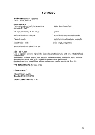 FORMIGOS

Rendimento : cerca de 6 porções
Típica : PORTUGUESA

INGREDIENTES
2 copos (americano) mal cheios de açúcar               1 cálice de vinho do Porto
granulado DOÇÚCAR

1/2 copo (americano) de mel (85 g)                     4 gemas

3 copos (americano) de água                            1 copo (americano) de nozes picadas

1 pau de canela                                        1 copo (americano) de pinhão português

casca fina de 1 limão                                  canela em pó para polvilhar

5 copos (americano) de miolo de pão


MODO DE FAZER
Leve ao fogo os 5 primeiros ingredientes e deixe ferver, até obter uma calda em ponto de fio fraco.
Deixe amornar.
Junte o pão e o vinho e volte ao fogo, mexendo até obter um creme homogêneo. Deixe amornar.
Acrescente as gemas, volte ao fogo brando e deixe engrossar ligeiramente.
Acrescente as nozes e os pinhões, coloque na travessa e polvilhe com canela. Sirva frio.

TIPO DE RECIPIENTE : travessa funda


CONGELAMENTO

NÃO ACONSELHAMOS
Ocasião : DIAS ESPECIAIS

FONTE DA RECEITA : DOCELAR




                                                                                               129
 