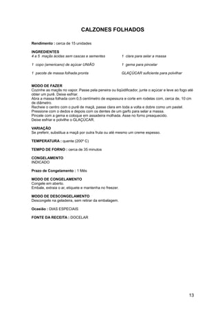 CALZONES FOLHADOS

Rendimento : cerca de 15 unidades

INGREDIENTES
4 a 5 maçãs ácidas sem cascas e sementes                1 clara para selar a massa

1 copo (americano) de açúcar UNIÃO                      1 gema para pincelar

1 pacote de massa folhada pronta                        GLAÇÚCAR suficiente para polvilhar


MODO DE FAZER
Cozinhe as maçãs no vapor. Passe pela peneira ou liqüidificador, junte o açúcar e leve ao fogo até
obter um purê. Deixe esfriar.
Abra a massa folhada com 0,5 centímetro de espessura e corte em rodelas com, cerca de, 10 cm
de diâmetro.
Recheie o centro com o purê de maçã, passe clara em toda a volta e dobre como um pastel.
Pressione com o dedos e depois com os dentes de um garfo para selar a massa.
Pincele com a gema e coloque em assadeira molhada. Asse no forno preaquecido.
Deixe esfriar e polvilhe o GLAÇÚCAR.

VARIAÇÃO
Se preferir, substitua a maçã por outra fruta ou até mesmo um creme espesso.

TEMPERATURA : quente (200º C)

TEMPO DE FORNO : cerca de 35 minutos

CONGELAMENTO
INDICADO

Prazo de Congelamento : 1 Mês

MODO DE CONGELAMENTO
Congele em aberto.
Embale, extraia o ar, etiquete e mantenha no freezer.

MODO DE DESCONGELAMENTO
Descongele na geladeira, sem retirar da embalagem.

Ocasião : DIAS ESPECIAIS

FONTE DA RECEITA : DOCELAR




                                                                                               13
 
