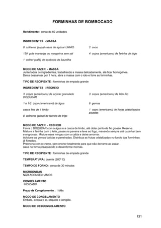 FORMINHAS DE BOMBOCADO

Rendimento : cerca de 60 unidades


INGREDIENTES - MASSA

8 colheres (sopa) rasas de açúcar UNIÃO              2 ovos

150 g de manteiga ou margarina sem sal               4 copos (americano) de farinha de trigo

1 colher (café) de essência de baunilha


MODO DE FAZER - MASSA
Junte todos os ingredientes, trabalhando a massa delicadamente, até ficar homogênea.
Deixe descansar por 1 hora, abra a massa com o rolo e forre as forminhas.

TIPO DE RECIPIENTE : forminhas de empada grande

INGREDIENTES - RECHEIO

3 copos (americano) de açúcar granulado              3 copos (americano) de leite frio
DOÇÚCAR

1 e 1/2 copo (americano) de água                     6 gemas

casca fina de 1 limão                                1 copo (americano) de frutas cristalizadas
                                                     picadas
8 colheres (sopa) de farinha de trigo


MODO DE FAZER - RECHEIO
Ferva o DOÇÚCAR com a água e a casca de limão, até obter ponto de fio grosso. Reserve.
Misture a farinha com o leite, passe na peneira e leve ao fogo, mexendo sempre até cozinhar bem
e engrossar. Misture esse mingau com a calda e deixe amornar.
Adicione as gemas batidas e peneiradas. Distribua as frutas cristalizadas no fundo das forminhas
já forradas.
Preencha com o creme, sem encher totalmente para que não derrame ao assar.
Asse no forno preaquecido e desenforme mornas.

TIPO DE RECIPIENTE : forminhas de empada grande

TEMPERATURA : quente (200º C)

TEMPO DE FORNO : cerca de 30 minutos

MICROONDAS
NÃO ACONSELHAMOS

CONGELAMENTO
INDICADO

Prazo de Congelamento : 1 Mês

MODO DE CONGELAMENTO
Embale, extraia o ar, etiquete e congele.

MODO DE DESCONGELAMENTO


                                                                                            131
 