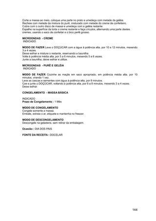 Corte a massa ao meio, coloque uma parte no prato e umedeça com metade da geléia.
Recheie com metade da mistura do purê, misturado com metade do creme de confeiteiro.
Cubra com o outro disco de massa e umedeça com a geléia restante.
Espalhe na superfície da torta o creme restante e faça círculos, alternando uma parte destes
cremes, usando o saco de confeitar e o bico perlê grosso.

MICROONDAS - CREME
INDICADO

MODO DE FAZER Leve o DOÇÚCAR com a água à potência alta, por 10 a 12 minutos, mexendo
3 a 4 vezes.
Deixe esfriar e misture o restante, reservando a baunilha.
Volte à potência média alta, por 5 a 6 minutos, mexendo 5 a 6 vezes.
Junte a baunilha, deixe esfriar e utilize.

MICROONDAS - PURÊ E GELÉIA
INDICADO

MODO DE FAZER Cozinhe as maçãs em saco apropriado, em potência média alta, por 10
minutos, virando 1 vez.
Leve as cascas e sementes com água à potência alta, por 6 minutos.
Coe e junte o DOÇÚCAR, voltando à potência alta, por 6 a 8 minutos, mexendo 3 a 4 vezes.
Deixe esfriar.

CONGELAMENTO - MASSA BÁSICA

INDICADO
Prazo de Congelamento : 1 Mês

MODO DE CONGELAMENTO
Congele somente a massa.
Embale, extraia o ar, etiquete e mantenha no freezer.

MODO DE DESCONGELAMENTO
Descongele na geladeira, sem retirar da embalagem.

Ocasião : DIA DOS PAIS

FONTE DA RECEITA : DOCELAR




                                                                                               144
 