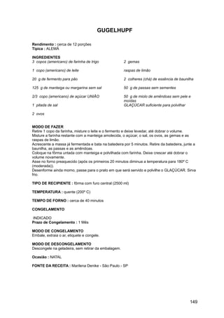 GUGELHUPF

Rendimento : cerca de 12 porções
Típica : ALEMÃ

INGREDIENTES
3 copos (americano) de farinha de trigo              2 gemas

1 copo (americano) de leite                          raspas de limão

20 g de fermento para pão                            2 colheres (chá) de essência de baunilha

125 g de manteiga ou margarina sem sal               50 g de passas sem sementes

2/3 copo (americano) de açúcar UNIÃO                 50 g de miolo de amêndoas sem pele e
                                                     moídas
1 pitada de sal                                      GLAÇÚCAR suficiente para polvilhar

2 ovos


MODO DE FAZER
Retire 1 copo da farinha, misture o leite e o fermento e deixe levedar, até dobrar o volume.
Misture a farinha restante com a manteiga amolecida, o açúcar, o sal, os ovos, as gemas e as
raspas de limão.
Acrescente a massa já fermentada e bata na batedeira por 5 minutos. Retire da batedeira, junte a
baunilha, as passas e as amêndoas.
Coloque na fôrma untada com manteiga e polvilhada com farinha. Deixe crescer até dobrar o
volume novamente.
Asse no forno preaquecido (após os primeiros 20 minutos diminua a temperatura para 180º C
(moderada)).
Desenforme ainda morno, passe para o prato em que será servido e polvilhe o GLAÇÚCAR. Sirva
frio.

TIPO DE RECIPIENTE : fôrma com furo central (2500 ml)

TEMPERATURA : quente (200º C)

TEMPO DE FORNO : cerca de 40 minutos

CONGELAMENTO

INDICADO
Prazo de Congelamento : 1 Mês

MODO DE CONGELAMENTO
Embale, extraia o ar, etiquete e congele.

MODO DE DESCONGELAMENTO
Descongele na geladeira, sem retirar da embalagem.

Ocasião : NATAL

FONTE DA RECEITA : Marilena Denike - São Paulo - SP




                                                                                            149
 