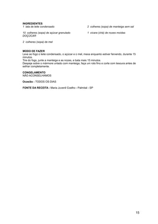 INGREDIENTES
1 lata de leite condensado                           2 colheres (sopa) de manteiga sem sal

10 colheres (sopa) de açúcar granulado               1 xícara (chá) de nozes moídas
DOÇÚCAR

2 colheres (sopa) de mel


MODO DE FAZER
Leve ao fogo o leite condensado, o açúcar e o mel, mexa enquanto estiver fervendo, durante 15
minutos.
Tire do fogo, junte a manteiga e as nozes, e bata mais 15 minutos.
Despeje sobre o mármore untado com manteiga, faça um rolo fino e corte com tesoura antes de
esfriar completamente.

CONGELAMENTO
NÃO ACONSELHAMOS

Ocasião : TODOS OS DIAS

FONTE DA RECEITA : Maria Juvenil Coelho - Palmital - SP




                                                                                             15
 