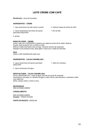 LEITE CREME COM CAFÉ

Rendimento : cerca de 6 porções


INGREDIENTES - CREME

1 copo (americano) de café coado e quente             3 colheres (sopa) de amido de milho

2 copos (americano) mal cheios de açúcar              1 litro de leite
granulado DOÇÚCAR

8 gemas


MODO DE FAZER - CREME
Junte o café com o DOÇÚCAR e prepare uma calda em ponto de fio médio. Reserve.
À parte, bata as gemas com a amido e o leite.
Misture à calda reservada e leve ao fogo, mexendo sempre até engrossar.
Despeje numa travessa funda, deixe gelar e cubra com a calda de caramelo.

DICA
Utilize o café imediatamente após coar.


INGREDIENTES - CALDA CARAMELADA

2 copos (americano) de açúcar granulado               1 cálice de conhaque
DOÇÚCAR

2 copos (americano) de água


MODO DE FAZER - CALDA CARAMELADA
Ferva o DOÇÚCAR com 1 copo de água, até ficar em ponto de caramelo.
Acrescente o conhaque e o restante da água e volte a ferver, para dissolver o caramelo e obter
uma calda fina.
Esfrie, coloque sobre o creme e sirva.


MICROONDAS
NÃO ACONSELHAMOS

CONGELAMENTO

NÃO ACONSELHAMOS
Ocasião : TODOS OS DIAS

FONTE DA RECEITA : DOCELAR




                                                                                             151
 