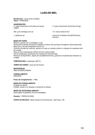 LUAS-DE-MEL

Rendimento : cerca de 60 unidades
Típica : FRANCESA

INGREDIENTES
2 copos (americano) mal cheios de açúcar                8 copos (americano) de farinha de trigo
UNIÃO

500 g de manteiga sem sal                               1/2 xícara (chá) de mel

1 pitada de sal                                         açúcar de confeiteiro GLAÇÚCAR para
                                                        envolver

MODO DE FAZER
Misture o açúcar com a manteiga e o sal.
Acrescente a farinha peneirada e trabalhe a massa, até que fique homogênea. Deixe descansar.
Abra com o rolo até à espessura de 0,5 cm.
Corte em formato de meia-lua, usando um copo ou cortador próprio, e coloque em assadeira sem
ser untada.
Asse no forno preaquecido. Retire do forno e deixe esfriar.
Una as meias-luas, colocando uma camada de mel entre elas.
Passe no GLAÇÚCAR e, depois de completamente frios, guarde em recipiente bem fechado ou
congele.

TEMPERATURA : moderada (180º C)

TEMPO DE FORNO : cerca de 20 minutos

MICROONDAS
NÃO ACONSELHAMOS

CONGELAMENTO
INDICADO

Prazo de Congelamento : 1 Mês

MODO DE CONGELAMENTO
Congele em aberto.
Embale, extraia o ar, etiquete e mantenha no freezer.

MODO DE DESCONGELAMENTO
Descongele na geladeira, fora da embalagem.

Ocasião : TODOS OS DIAS

FONTE DA RECEITA : Maria Cecília Lima Shimomoto - São Paulo - SP




                                                                                              153
 