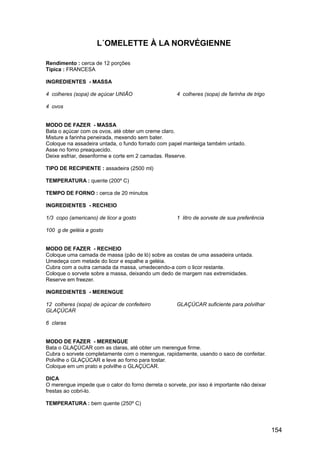 L´OMELETTE À LA NORVÉGIENNE

Rendimento : cerca de 12 porções
Típica : FRANCESA

INGREDIENTES - MASSA

4 colheres (sopa) de açúcar UNIÃO                    4 colheres (sopa) de farinha de trigo

4 ovos


MODO DE FAZER - MASSA
Bata o açúcar com os ovos, até obter um creme claro.
Misture a farinha peneirada, mexendo sem bater.
Coloque na assadeira untada, o fundo forrado com papel manteiga também untado.
Asse no forno preaquecido.
Deixe esfriar, desenforme e corte em 2 camadas. Reserve.

TIPO DE RECIPIENTE : assadeira (2500 ml)

TEMPERATURA : quente (200º C)

TEMPO DE FORNO : cerca de 20 minutos

INGREDIENTES - RECHEIO

1/3 copo (americano) de licor a gosto                1 litro de sorvete de sua preferência

100 g de geléia a gosto


MODO DE FAZER - RECHEIO
Coloque uma camada de massa (pão de ló) sobre as costas de uma assadeira untada.
Umedeça com metade do licor e espalhe a geléia.
Cubra com a outra camada da massa, umedecendo-a com o licor restante.
Coloque o sorvete sobre a massa, deixando um dedo de margem nas extremidades.
Reserve em freezer.

INGREDIENTES - MERENGUE

12 colheres (sopa) de açúcar de confeiteiro          GLAÇÚCAR suficiente para polvilhar
GLAÇÚCAR

6 claras


MODO DE FAZER - MERENGUE
Bata o GLAÇÚCAR com as claras, até obter um merengue firme.
Cubra o sorvete completamente com o merengue, rapidamente, usando o saco de confeitar.
Polvilhe o GLAÇÚCAR e leve ao forno para tostar.
Coloque em um prato e polvilhe o GLAÇÚCAR.

DICA
O merengue impede que o calor do forno derreta o sorvete, por isso é importante não deixar
frestas ao cobri-lo.

TEMPERATURA : bem quente (250º C)




                                                                                             154
 