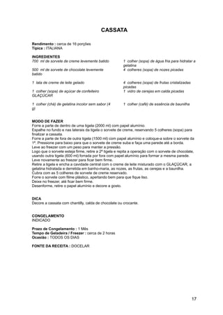 CASSATA

Rendimento : cerca de 16 porções
Típica : ITALIANA

INGREDIENTES
700 ml de sorvete de creme levemente batido            1 colher (sopa) de água fria para hidratar a
                                                       gelatina
500 ml de sorvete de chocolate levemente               4 colheres (sopa) de nozes picadas
batido

1 lata de creme de leite gelado                        4 colheres (sopa) de frutas cristalizadas
                                                       picadas
1 colher (sopa) de açúcar de confeiteiro               1 vidro de cerejas em calda picadas
GLAÇÚCAR

1 colher (chá) de gelatina incolor sem sabor (4        1 colher (café) de essência de baunilha
g)


MODO DE FAZER
Forre a parte de dentro de uma tigela (2000 ml) com papel alumínio.
Espalhe no fundo e nas laterais da tigela o sorvete de creme, reservando 5 colheres (sopa) para
finalizar a cassata.
Forre a parte de fora de outra tigela (1500 ml) com papel alumínio e coloque-a sobre o sorvete da
1ª. Pressione para baixo para que o sorvete de creme suba e faça uma parede até a borda.
Leve ao freezer com um peso para manter a pressão.
Logo que o sorvete esteja firme, retire a 2ª tigela e repita a operação com o sorvete de chocolate,
usando outra tigela (600 ml) forrada por fora com papel alumínio para formar a mesma parede.
Leve novamente ao freezer para ficar bem firme.
Retire a tigela e encha a cavidade central com o creme de leite misturado com o GLAÇÚCAR, a
gelatina hidratada e derretida em banho-maria, as nozes, as frutas, as cerejas e a baunilha.
Cubra com as 5 colheres de sorvete de creme reservado.
Forre o sorvete com filme plástico, apertando bem para que fique liso.
Deixe no freezer, até ficar bem firme.
Desenforme, retire o papel alumínio e decore a gosto.


DICA
Decore a cassata com chantilly, calda de chocolate ou crocante.


CONGELAMENTO
INDICADO

Prazo de Congelamento : 1 Mês
Tempo de Geladeira / Freezer : cerca de 2 horas
Ocasião : TODOS OS DIAS

FONTE DA RECEITA : DOCELAR




                                                                                                   17
 
