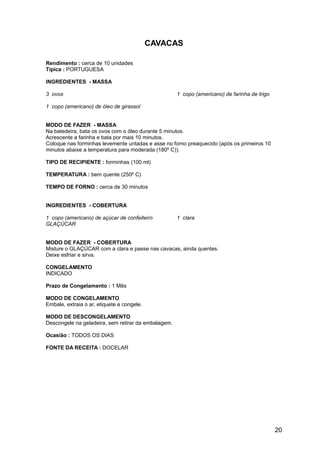 CAVACAS

Rendimento : cerca de 10 unidades
Típica : PORTUGUESA

INGREDIENTES - MASSA

3 ovos                                               1 copo (americano) de farinha de trigo

1 copo (americano) de óleo de girassol


MODO DE FAZER - MASSA
Na batedeira, bata os ovos com o óleo durante 5 minutos.
Acrescente a farinha e bata por mais 10 minutos.
Coloque nas forminhas levemente untadas e asse no forno preaquecido (após os primeiros 10
minutos abaixe a temperatura para moderada (180º C)).

TIPO DE RECIPIENTE : forminhas (100 ml)

TEMPERATURA : bem quente (250º C)

TEMPO DE FORNO : cerca de 30 minutos


INGREDIENTES - COBERTURA

1 copo (americano) de açúcar de confeiteiro          1 clara
GLAÇÚCAR


MODO DE FAZER - COBERTURA
Misture o GLAÇÚCAR com a clara e passe nas cavacas, ainda quentes.
Deixe esfriar e sirva.

CONGELAMENTO
INDICADO

Prazo de Congelamento : 1 Mês

MODO DE CONGELAMENTO
Embale, extraia o ar, etiquete e congele.

MODO DE DESCONGELAMENTO
Descongele na geladeira, sem retirar da embalagem.

Ocasião : TODOS OS DIAS

FONTE DA RECEITA : DOCELAR




                                                                                              20
 