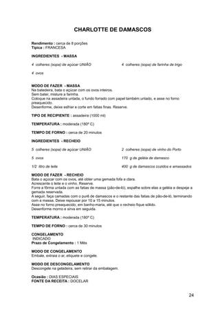 CHARLOTTE DE DAMASCOS

Rendimento : cerca de 8 porções
Típica : FRANCESA

INGREDIENTES - MASSA

4 colheres (sopa) de açúcar UNIÃO                    4 colheres (sopa) de farinha de trigo

4 ovos


MODO DE FAZER - MASSA
Na batedeira, bata o açúcar com os ovos inteiros.
Sem bater, misture a farinha.
Coloque na assadeira untada, o fundo forrado com papel também untado, e asse no forno
preaquecido.
Desenforme, deixe esfriar e corte em fatias finas. Reserve.

TIPO DE RECIPIENTE : assadeira (1000 ml)

TEMPERATURA : moderada (180º C)

TEMPO DE FORNO : cerca de 20 minutos

INGREDIENTES - RECHEIO

5 colheres (sopa) de açúcar UNIÃO                    2 colheres (sopa) de vinho do Porto

5 ovos                                               170 g de geléia de damasco

1/2 litro de leite                                   400 g de damascos cozidos e amassados

MODO DE FAZER - RECHEIO
Bata o açúcar com os ovos, até obter uma gemada fofa e clara.
Acrescente o leite e o vinho. Reserve.
Forre a fôrma untada com as fatias de massa (pão-de-ló), espalhe sobre elas a geléia e despeje a
gemada reservada.
A seguir, faça camadas com o purê de damascos e o restante das fatias de pão-de-ló, terminando
com a massa. Deixe repousar por 10 a 15 minutos.
Asse no forno preaquecido, em banho-maria, até que o recheio fique sólido.
Desenforme morno e sirva em seguida.

TEMPERATURA : moderada (180º C)

TEMPO DE FORNO : cerca de 30 minutos

CONGELAMENTO
INDICADO
Prazo de Congelamento : 1 Mês

MODO DE CONGELAMENTO
Embale, extraia o ar, etiquete e congele.

MODO DE DESCONGELAMENTO
Descongele na geladeira, sem retirar da embalagem.

Ocasião : DIAS ESPECIAIS
FONTE DA RECEITA : DOCELAR


                                                                                             24
 