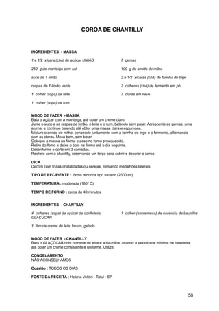 COROA DE CHANTILLY


INGREDIENTES - MASSA

1 e 1/2 xícara (chá) de açúcar UNIÃO                 7 gemas

250 g de manteiga sem sal                            100 g de amido de milho

suco de 1 limão                                      2 e 1/2 xícaras (chá) de farinha de trigo

raspas de 1 limão verde                              2 colheres (chá) de fermento em pó

1 colher (sopa) de leite                             7 claras em neve

1 colher (sopa) de rum


MODO DE FAZER - MASSA
Bata o açúcar com a manteiga, até obter um creme claro.
Junte o suco e as raspas de limão, o leite e o rum, batendo sem parar. Acrescente as gemas, uma
a uma, e continue batendo até obter uma massa clara e espumosa.
Misture o amido de milho, peneirado juntamente com a farinha de trigo e o fermento, alternando
com as claras. Mexa bem, sem bater.
Coloque a massa na fôrma e asse no forno preaquecido.
Retire do forno e deixe o bolo na fôrma até o dia seguinte.
Desenforme e corte em 3 camadas.
Recheie com o chantilly, reservando um terço para cobrir e decorar a coroa.

DICA
Decore com frutas cristalizadas ou cerejas, formando medalhões laterais.

TIPO DE RECIPIENTE : fôrma redonda tipo savarin (2500 ml)

TEMPERATURA : moderada (180º C)

TEMPO DE FORNO : cerca de 40 minutos


INGREDIENTES - CHANTILLY

4 colheres (sopa) de açúcar de confeiteiro           1 colher (sobremesa) de essência de baunilha
GLAÇÚCAR

1 litro de creme de leite fresco, gelado


MODO DE FAZER - CHANTILLY
Bata o GLAÇÚCAR com o creme de leite e a baunilha, usando a velocidade mínima da batedeira,
até obter um creme consistente e uniforme. Utilize.

CONGELAMENTO
NÃO ACONSELHAMOS

Ocasião : TODOS OS DIAS

FONTE DA RECEITA : Helena Vellóri - Tatuí - SP




                                                                                                 50
 