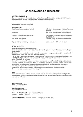 CREME BÁVARO DE CHOCOLATE

HISTÓRIA DA RECEITA
O creme bávaro é um clássico doce de colher, de consistência macia, sempre constituído por
gelatina e creme de leite, conhecido pelo nome original de bavarois.


Rendimento : cerca de 8 porções

INGREDIENTES
8 colheres (sopa) de açúcar UNIÃO                      1/2 xícara (chá) de água fria para hidratar a
                                                       gelatina
4 gemas                                                500 ml de creme de leite fresco, gelado

1 xícara (chá) de chocolate em pó                      2 colheres (sopa) de açúcar de confeiteiro
                                                       GLAÇÚCAR
250 ml de leite quente                                 1 colher (café) de essência de baunilha

1 pacote de gelatina em pó sem sabor                   raspas de chocolate para decorar


MODO DE FAZER
Bata na batedeira o açúcar e as gemas.
Acrescente o chocolate peneirado e dissolvido no leite, pouco a pouco. Passe a preparação por
uma peneira.
Cozinhe o creme em banho-maria, mexendo sempre, até começar a encorpar (vire as costas da
colher de pau. Deve ficar com uma película cremosa).
Tire do fogo e acrescente a gelatina. Quando estiver morno, adicione o creme de leite batido com
o GLAÇÚCAR (deve ficar espesso, mas ainda mole), misture cuidadosamente ao creme.
Junte a essência de baunilha.
Numa fôrma untada, coloque o creme (deve estar cremoso, mas firme) e leve a geladeira (o doce
pode ser colocado em uma única fôrma ou em fôrmas individuais, com furo central. É bom untar
com óleo de girassol. Então vire a fôrma sobre uma folha de papel absorvente, por alguns
minutos, para que o óleo em excesso possa descer).
Desenforme no momento de servir (mergulhe a fôrma rapidamente em água quente).
Decore com raspas de chocolate branco e preto.

DICA
É importante o creme de leite estar levemente grosso, mas ainda mole (se inclinar a tigela da
batedeira, ele escorre) para evitar que a preparação final, ao ser colocada na fôrma, faça bolhas,
não ficando uniforme.



MICROONDAS
NÃO ACONSELHAMOS

CONGELAMENTO
NÃO ACONSELHAMOS

Tempo de Geladeira / Freezer : cerca de 4 horas
Ocasião : TODOS OS DIAS

FONTE DA RECEITA : Daniela Cristina Lourenço - Sorocaba - SP




                                                                                                 51
 