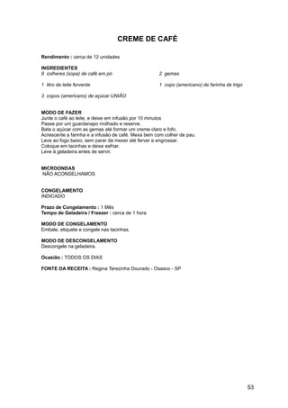 CREME DE CAFÉ

Rendimento : cerca de 12 unidades

INGREDIENTES
9 colheres (sopa) de café em pó                     2 gemas

1 litro de leite fervente                           1 copo (americano) de farinha de trigo

3 copos (americano) de açúcar UNIÃO


MODO DE FAZER
Junte o café ao leite, e deixe em infusão por 10 minutos
Passe por um guardanapo molhado e reserve.
Bata o açúcar com as gemas até formar um creme claro e fofo.
Acrescente a farinha e a infusão de café. Mexa bem com colher de pau.
Leve ao fogo baixo, sem parar de mexer até ferver e engrossar.
Coloque em tacinhas e deixe esfriar.
Leve à geladeira antes de servir.


MICROONDAS
NÃO ACONSELHAMOS


CONGELAMENTO
INDICADO

Prazo de Congelamento : 1 Mês
Tempo de Geladeira / Freezer : cerca de 1 hora

MODO DE CONGELAMENTO
Embale, etiquete e congele nas tacinhas.

MODO DE DESCONGELAMENTO
Descongele na geladeira.

Ocasião : TODOS OS DIAS

FONTE DA RECEITA : Regina Terezinha Dourado - Osasco - SP




                                                                                             53
 