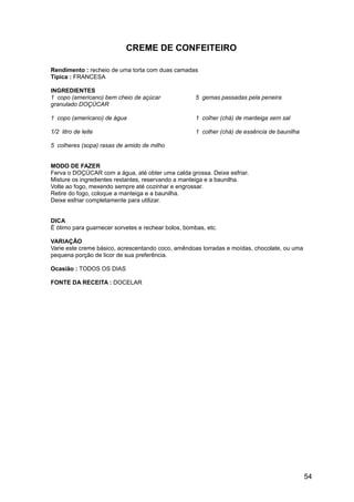 CREME DE CONFEITEIRO

Rendimento : recheio de uma torta com duas camadas
Típica : FRANCESA

INGREDIENTES
1 copo (americano) bem cheio de açúcar               5 gemas passadas pela peneira
granulado DOÇÚCAR

1 copo (americano) de água                           1 colher (chá) de manteiga sem sal

1/2 litro de leite                                   1 colher (chá) de essência de baunilha

5 colheres (sopa) rasas de amido de milho


MODO DE FAZER
Ferva o DOÇÚCAR com a água, até obter uma calda grossa. Deixe esfriar.
Misture os ingredientes restantes, reservando a manteiga e a baunilha.
Volte ao fogo, mexendo sempre até cozinhar e engrossar.
Retire do fogo, coloque a manteiga e a baunilha.
Deixe esfriar completamente para utilizar.


DICA
É ótimo para guarnecer sorvetes e rechear bolos, bombas, etc.

VARIAÇÃO
Varie este creme básico, acrescentando coco, amêndoas torradas e moídas, chocolate, ou uma
pequena porção de licor de sua preferência.

Ocasião : TODOS OS DIAS

FONTE DA RECEITA : DOCELAR




                                                                                              54
 
