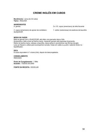 CREME INGLÊS EM CUBOS

Rendimento : cerca de 32 cubos
Típica : INGLESA

INGREDIENTES
8 gemas                                              2 e 1/2 copos (americano) de leite fervente

2 copos (americano) de açúcar de confeiteiro         1 colher (sobremesa) de essência de baunilha
GLAÇÚCAR


MODO DE FAZER
Bata as gemas com o GLAÇÚCAR, até obter uma gemada clara e fofa.
Acrescente o leite e leve ao banho-maria, mexendo sempre até engrossar levemente.
Retire do banho-maria, coloque a baunilha, deixe esfriar e acondicione nas fôrmas de gelo.
Leve ao freezer e utilize para acompanhar sorvete, frutas em calda ou pudim, batendo direto no
liqüidificador.

DICA
8 cubos equivalem à 1 xícara (chá), depois de descongelados.

CONGELAMENTO
INDICADO

Prazo de Congelamento : 1 Mês
Ocasião : TODOS OS DIAS

FONTE DA RECEITA : DOCELAR




                                                                                                 58
 
