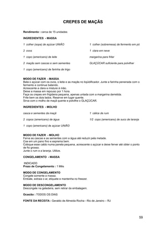 CREPES DE MAÇÃS

Rendimento : cerca de 15 unidades

INGREDIENTES - MASSA

1 colher (sopa) de açúcar UNIÃO                         1 colher (sobremesa) de fermento em pó

2 ovos                                                  1 clara em neve

1 copo (americano) de leite                             margarina para fritar

2 maçãs sem cascas e sem sementes                       GLAÇÚCAR suficiente para polvilhar

1 copo (americano) de farinha de trigo


MODO DE FAZER - MASSA
Bata o açúcar com os ovos, o leite e as maçãs no liqüidificador. Junte a farinha peneirada com o
fermento e continue batendo.
Acrescente a clara e misture à mão.
Deixe a massa em repouso por 1 hora.
Faça os crepes em frigideira pequena, apenas untada com a margarina derretida.
Frite bem os dois lados. Reserve em lugar quente.
Sirva com o molho de maçã quente e polvilhe o GLAÇÚCAR.

INGREDIENTES - MOLHO

casca e sementes da maçã                                1 cálice de rum

2 copos (americano) de água                             1/2 copo (americano) de suco de laranja

1 copo (americano) de açúcar UNIÃO


MODO DE FAZER - MOLHO
Ferva as cascas e as sementes com a água até reduzir pela metade.
Coe em um pano fino e esprema bem.
Coloque esse caldo numa panela pequena, acrescente o açúcar e deixe ferver até obter o ponto
de fio grosso.
Junte o rum e a laranja. Utilize.

CONGELAMENTO - MASSA

INDICADO
Prazo de Congelamento : 1 Mês

MODO DE CONGELAMENTO
Congele somente a massa.
Embale, extraia o ar, etiquete e mantenha no freezer.

MODO DE DESCONGELAMENTO
Descongele na geladeira, sem retirar da embalagem.

Ocasião : TODOS OS DIAS

FONTE DA RECEITA : Geraldo de Almeida Rocha - Rio de Janeiro – RJ




                                                                                                  59
 