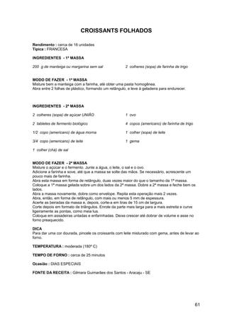 CROISSANTS FOLHADOS

Rendimento : cerca de 16 unidades
Típica : FRANCESA

INGREDIENTES - 1ª MASSA

200 g de manteiga ou margarina sem sal                2 colheres (sopa) de farinha de trigo


MODO DE FAZER - 1ª MASSA
Misture bem a manteiga com a farinha, até obter uma pasta homogênea.
Abra entre 2 folhas de plástico, formando um retângulo, e leve à geladeira para endurecer.



INGREDIENTES - 2ª MASSA

2 colheres (sopa) de açúcar UNIÃO                     1 ovo

2 tabletes de fermento biológico                      4 copos (americano) de farinha de trigo

1/2 copo (americano) de água morna                    1 colher (sopa) de leite

3/4 copo (americano) de leite                         1 gema

1 colher (chá) de sal


MODO DE FAZER - 2ª MASSA
Misture o açúcar e o fermento. Junte a água, o leite, o sal e o ovo.
Adicione a farinha e sove, até que a massa se solte das mãos. Se necessário, acrescente um
pouco mais de farinha.
Abra esta massa em forma de retângulo, duas vezes maior do que o tamanho da 1ª massa.
Coloque a 1ª massa gelada sobre um dos lados da 2ª massa. Dobre a 2ª massa e feche bem os
lados.
Abra a massa novamente, dobre como envelope. Repita esta operação mais 2 vezes.
Abra, então, em forma de retângulo, com mais ou menos 5 mm de espessura.
Acerte as beiradas da massa e, depois, corte-a em tiras de 15 cm de largura.
Corte depois em formato de triângulos. Enrole da parte mais larga para a mais estreita e curve
ligeiramente as pontas, como meia lua.
Coloque em assadeiras untadas e enfarinhadas. Deixe crescer até dobrar de volume e asse no
forno preaquecido.

DICA
Para dar uma cor dourada, pincele os croissants com leite misturado com gema, antes de levar ao
forno.

TEMPERATURA : moderada (180º C)

TEMPO DE FORNO : cerca de 25 minutos

Ocasião : DIAS ESPECIAIS

FONTE DA RECEITA : Gilmara Guimarães dos Santos - Aracaju - SE




                                                                                                61
 